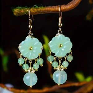 🌿Jade Style Exquisite Flower Beads Green Dangle Earrings 18K Gold Plated